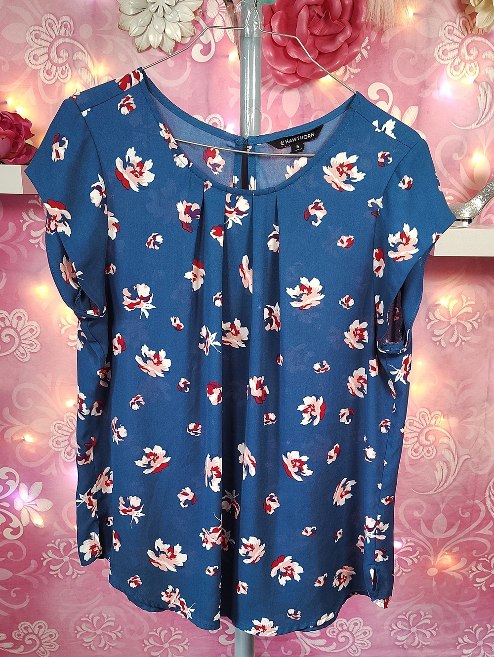 41 Hawthorn Blue Floral Pleated Short-Sleeve Blouse